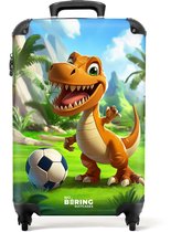 Bol.com NoBoringSuitcases.com® - Kinderkoffer jongen - Kindertrolley jongens - Dino met een voetbal in groen landschap - Handbag... aanbieding