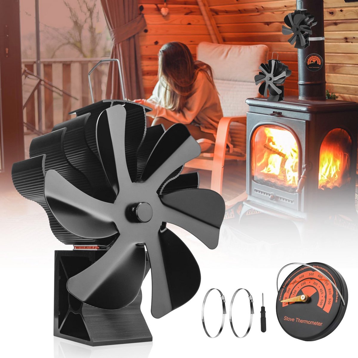 Kachelventilator voor Houtkachels met Thermometer - Stille Draaibare Ventilator voor Optimaal Warmtebeheer