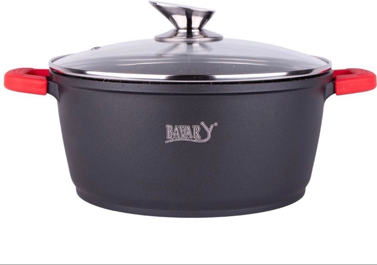 Bavary Kookpan - 28 cm - Non Stick Onderlaag - Glazen Deksel - Stoomgaatje in Deksel - Rode Oortjes