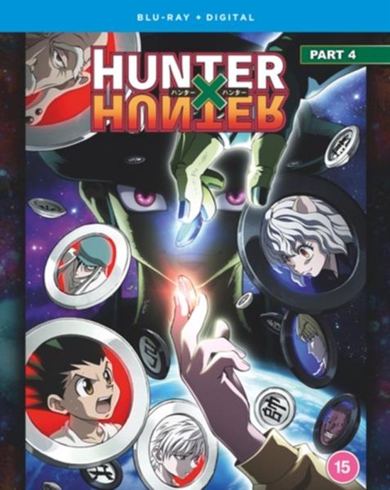 Hoes deel 4 van Hunter x Hunter anime, met personages Gon, Killua en Neferpitou in cirkels rondom een grijpende hand.