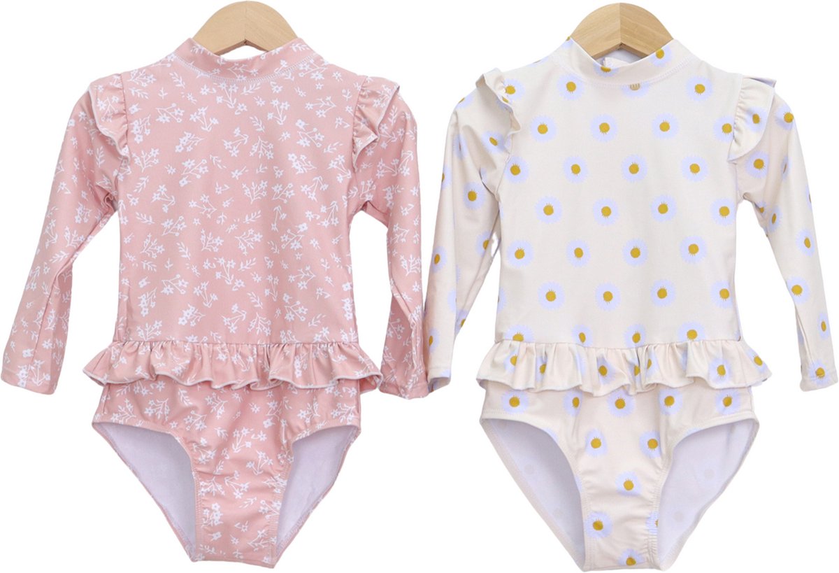 Joya Kids® Badpak Lange Mouw Gebroken Wit met Bloemen print met Ruches Meisjes | Zwempak met ruches UV Badpak Madeliefjes | Zwempak Lange Mouw UV Bescherming | Meisje Bikini Zomer | Kinderbadpak Peuter | | 2 - 3 Jaar — afbeelding 10