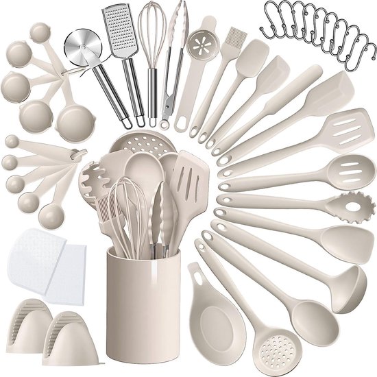 HAUSS SPOLE Keukengerei Set met Houder 43 delig – Hittebestendig Antiaanbak Veilig – Spatelset - Keukenspatel -Pannenlikker, Bakspaan, Garde, Bakkwast, Pastalepel, Schuimspaan - Voor Bakken Koken – BPA-Vrij & Plastic Vrij - Ophangbaar - Khaki