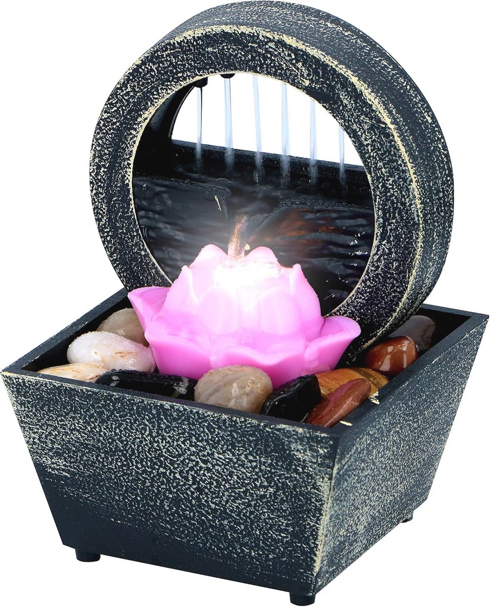 Indoor Waterornament Lotusbloem met LED-licht - Positieve Energie en Kiezelstenen - 11,5 x 17 cm