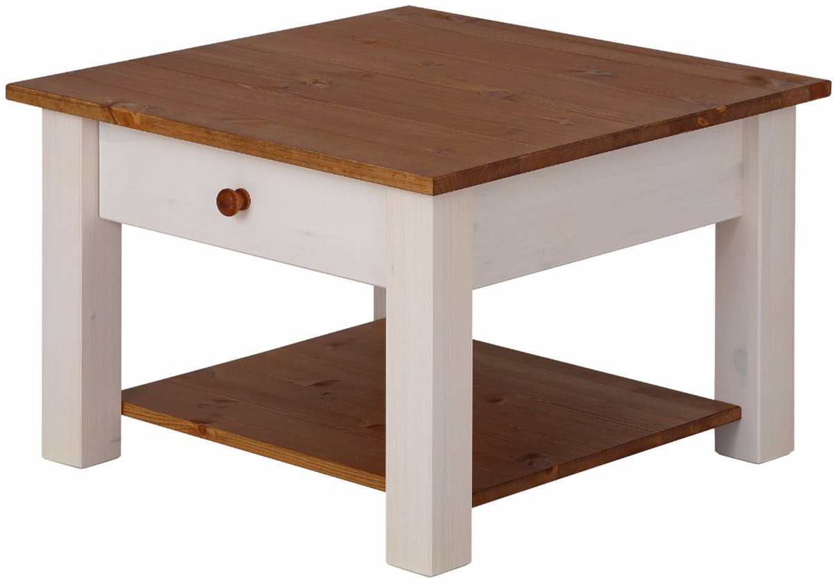 Notio Living Chicago Salontafel met Lade en Onderplank - Wit/Honingkleurig Grenen - 60 x 60 cm