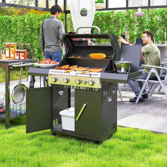 Gasbarbecue - Gasbarbecue en grill - 5 branders - Met slang en thermometer - Zilver + Zwart — afbeelding 3