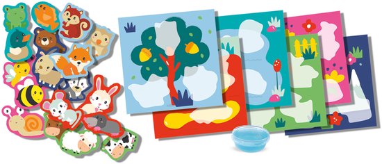 Stickers met dieren, vier achtergrondkaarten en een bakje met blauwe lijm.