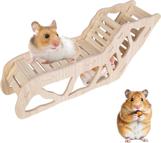 Hamster Klimladder Met Huis – Houten Speelgoed En Brug – 32 X 15,3 X 10,8 Cm – Voor Dwerghamsters, Syrische Hamsters En Chinchilla's – Kooidecoratie En Klimplezier
