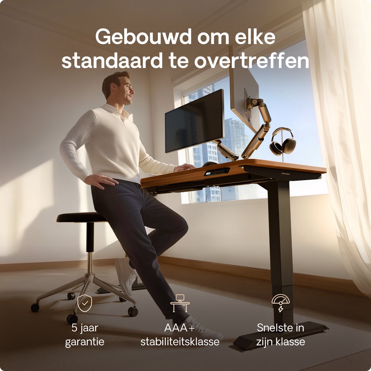 Desktronic HomePro Zit-sta Bureau Elektrisch In Hoogte Verstelbaar, 200x80cm Zwart/Notenhout, Stille Dubbele Motor, Hoogte 62-126cm thumbnail 2