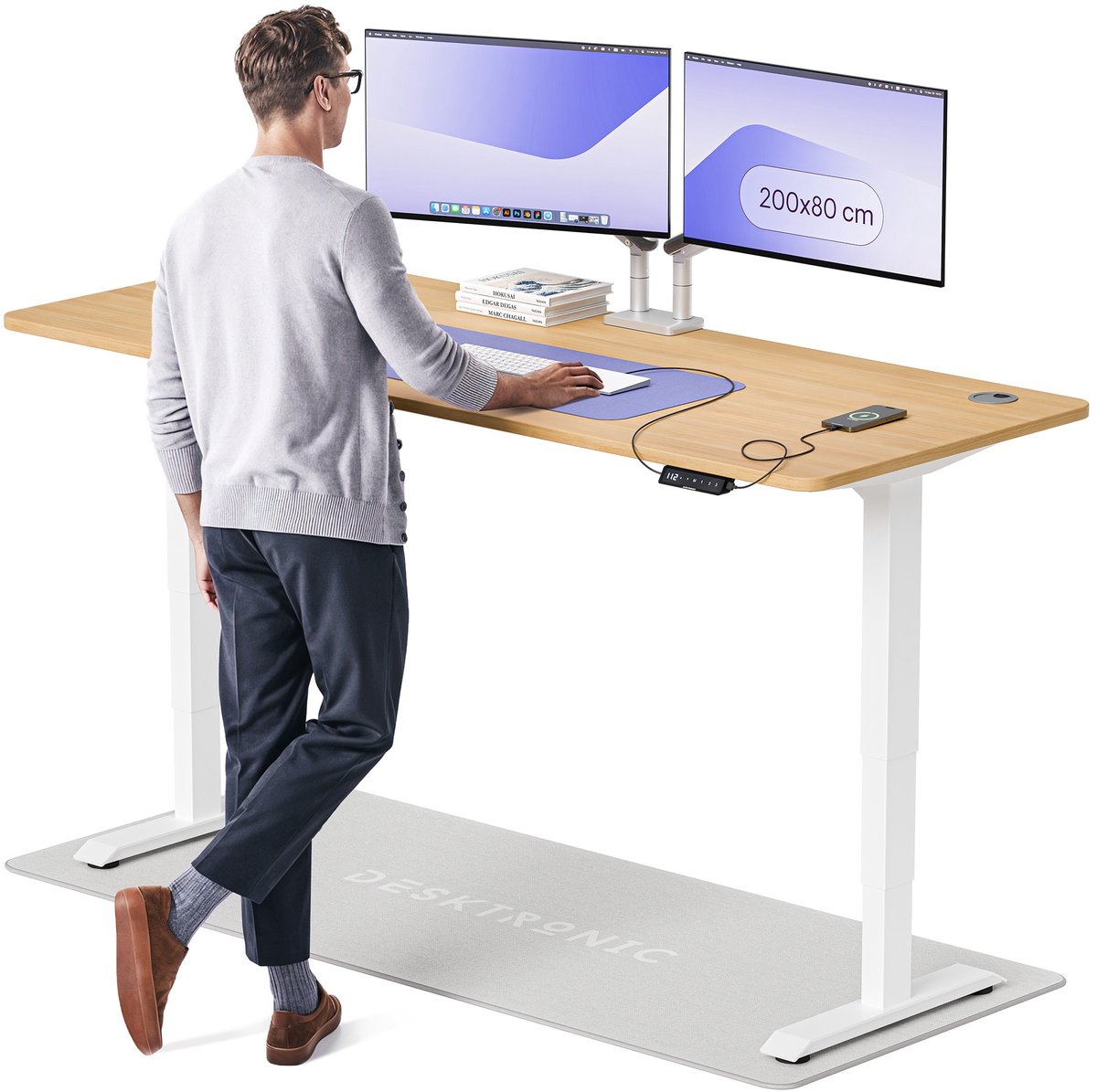 Desktronic HomePro Zit-sta Bureau Elektrisch In Hoogte Verstelbaar, 200x80cm Wit/Eiken, Stille Dubbele Motor, Hoogte 62-126cm