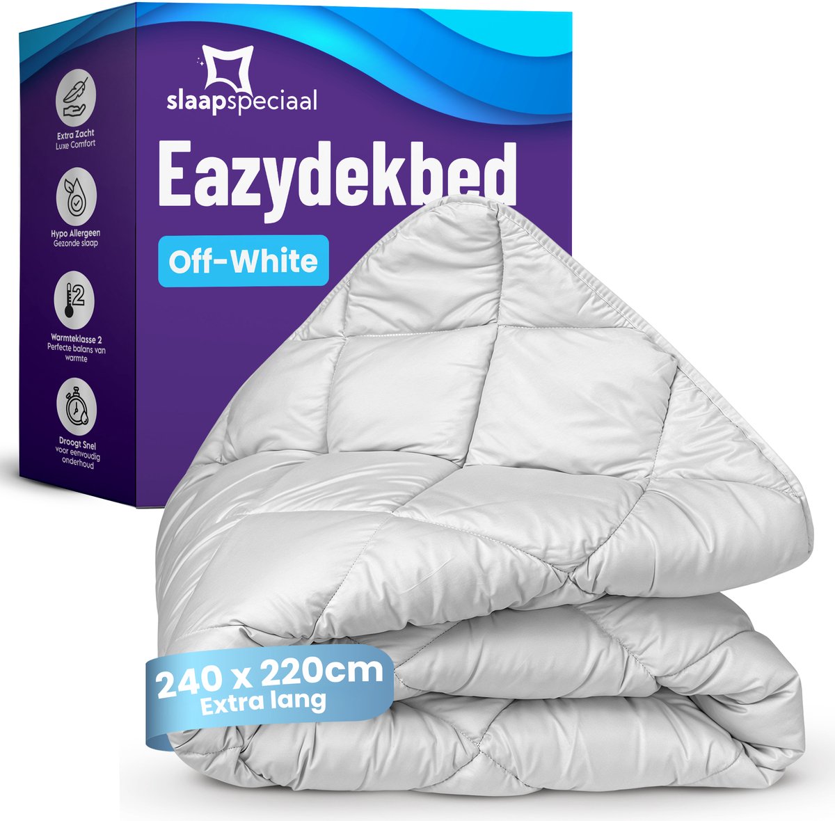 Slaapspeciaal eazydekbed 240x220 cm - Offwhite - Dekbed Zonder Overtrek – Gekleurd Dekbed – Hoesloos Dekbed - Extra Lang - Luxe Gelvezels - Anti-Allergisch & Perfect Voor Elk Seizoen - Lits Jumeaux Dekbed