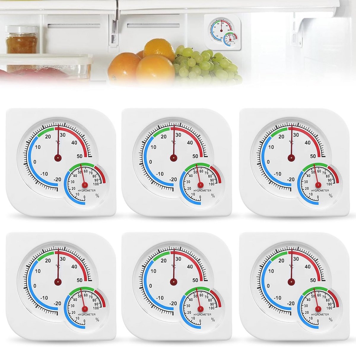 Analoge Thermo-Hygrometer Set van 6 - 2-in-1 Temperatuur en Vochtigheidsmeter voor Binnen en Buiten - Compacte Wijzerplaat 7,5 x 7,5 cm voor Huizen en Kassen