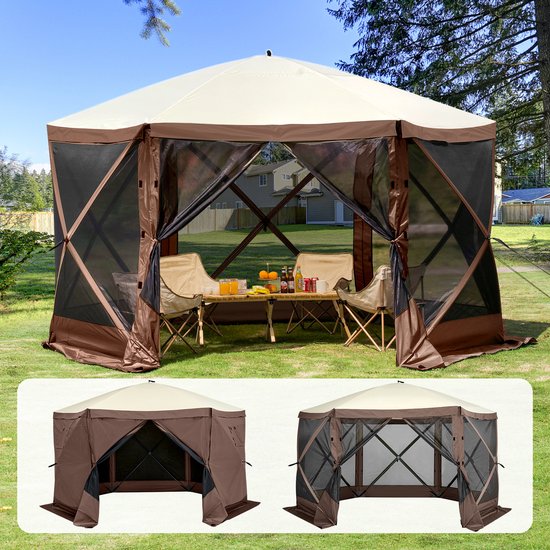 Pop-up Paviljoentent, 6-Zijdige Zonwering met Verwijderbare Privacyschermen en Gaasramen, 11,5 x 11,5 Foot Snel op te Zetten Tent met Muskietennet, Bruin van Merkloos — afbeelding 4