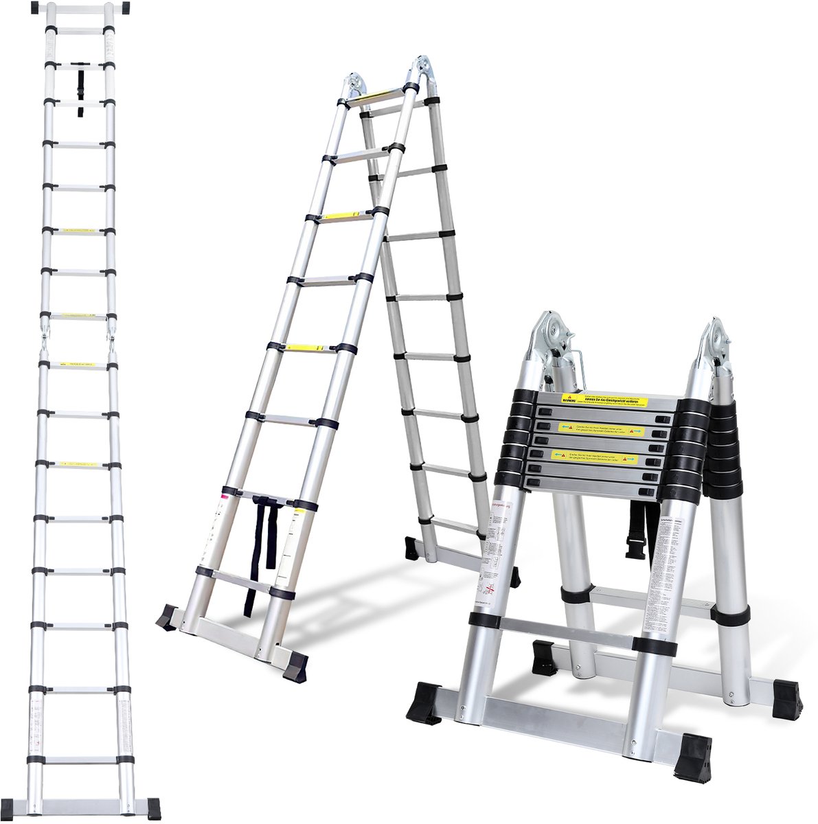 Telescopische Ladder - Telescoopladder - 2,5m+2,5m zilver, Compact en Draagbaar met Soft Closing Systeem, Geschikt voor Particulier en Professioneel Gebruik, Telescopische Vouwladder, Max. Belasting 150 kg