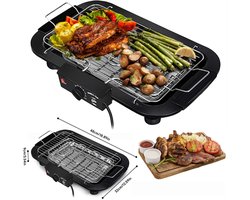 Grill - Tafelgrill - Elektrische Tafelgrill – Grillplaat – Elektrische Grillplaat - BBQ Grill – Binnen/Buiten Gebruik – Rookloos – Instelbare Temperatuur – Anti-aanbaklaag – Snel Verwarmend – Lichtgewicht – 6 Warmtestanden – Zwart – Met Vet/waterbak