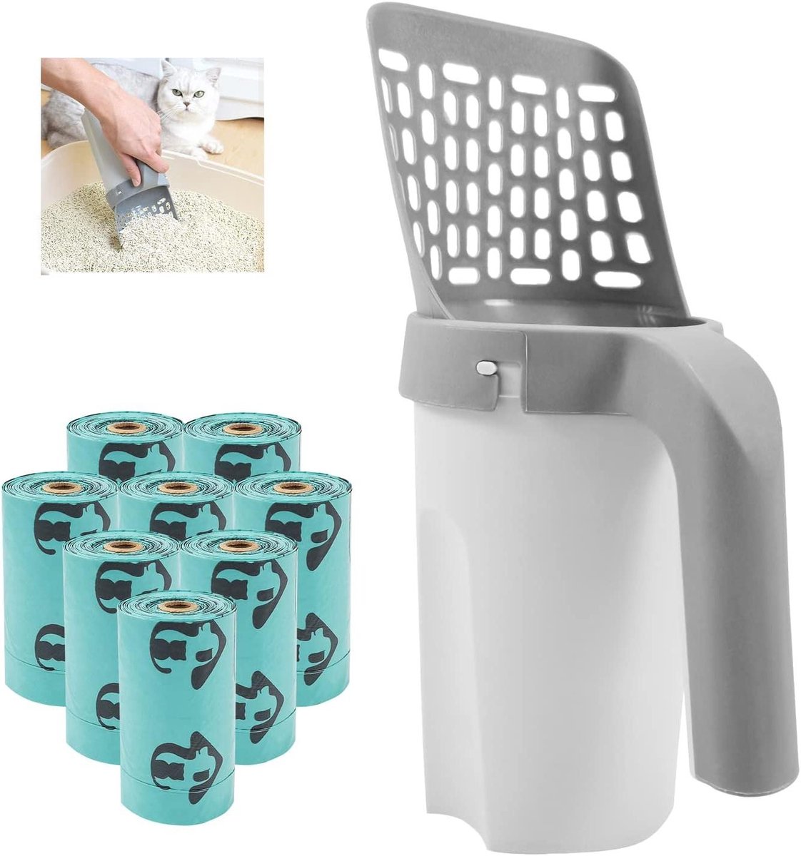 MYPIN 2-in-1 kattenbakschep met kattenafvalbak, afneembare schep voor kattenbak met diepe schep en handvat (incl. 120 stuks afvalzakjes), zwart en wit