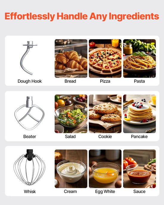 Keukenmachine, 8,3 QT Deegmixer, 1400 W, 6+P Snelheden, Keukenmachine met Kantelbare Kop en Roestvrijstalen Kom, Deeghaak, Garde, Platte Klopper, Schraper — afbeelding 5