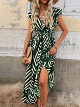 Elegante zomerjurk voor dames, korte mouwen, lange jurk, V-hals wikkeljurk, hoge taille, ruches, maxi-jurk, feestjurken Donkergroen XL