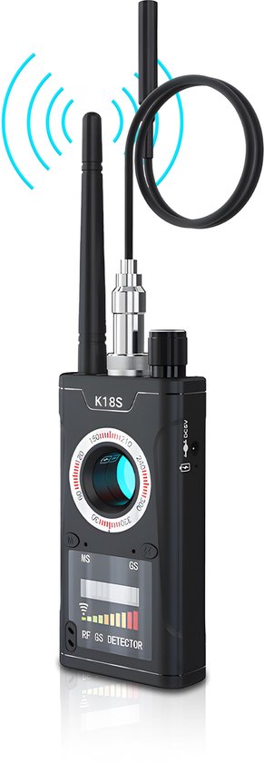 Zwarte draadloze signaaldetector K18S met antenne, met blauwe signaaluiting.