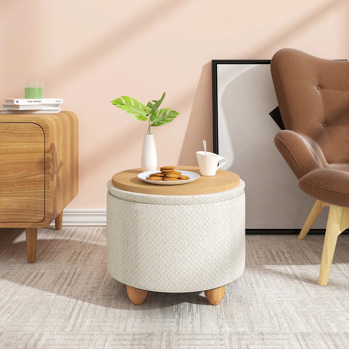 Limpen poef, hocker met opbergruimte 32cm teddystof beige