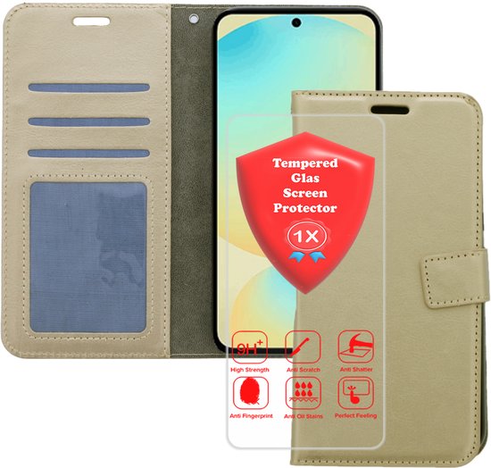 Étui portefeuille doré pour Samsung A17/A26, ouvert avec fentes pour cartes et téléphone. Inclut un protecteur d'écran en verre trempé avec logo "1x".