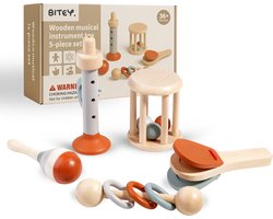 foto van Bitey - Muziekinstrumentenset - 5-delig Montessori Houten Speelgoed - Muziekspeelgoed vanaf 3 jaar - Muziekset Peuters - Instrumenten Set - Muziek Cadeau voor Kinderen