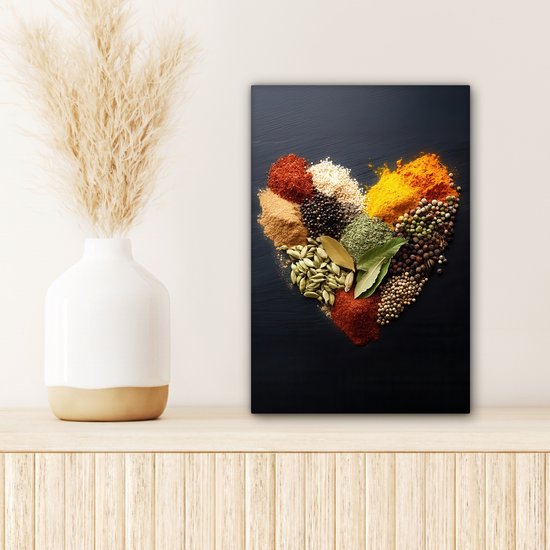 Canvas schilderij 20x30 cm - Exclusieve wanddecoratie Specerijen - Mix - Hartvorm - Zwart - Muurdecoratie woonkamer - Slaapkamer decoratie - Kamer accessoires - Schilderijen op canvas