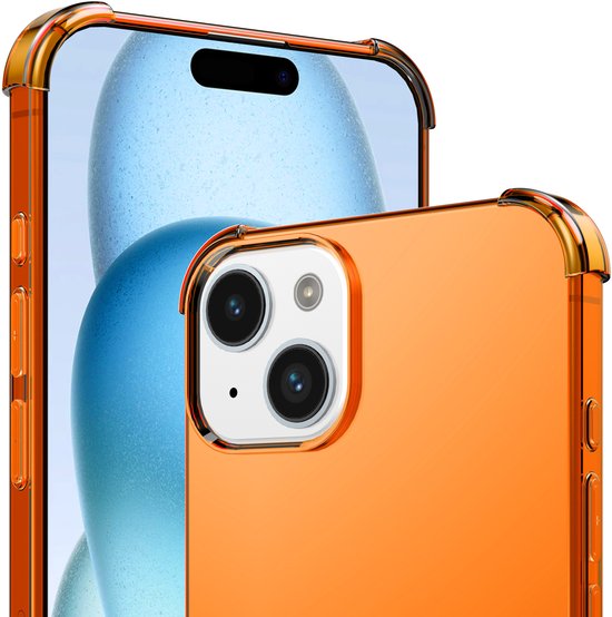 Close-up van de achterkant van een oranje transparant telefoonhoesje met gouden hoeken, om een iPhone.