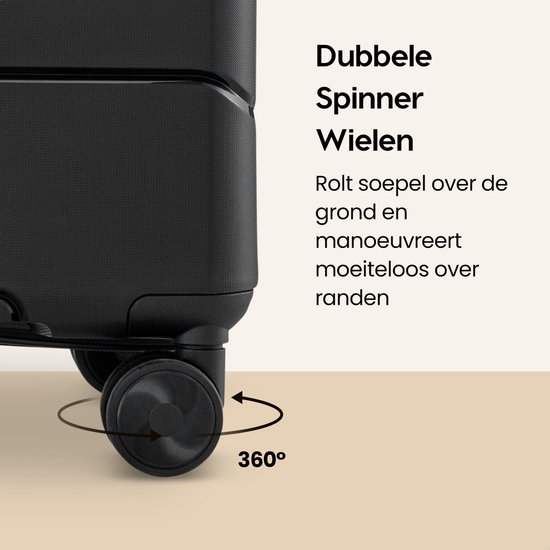 Close-up van een zwart Spinner wiel van een koffer met 360 graden draaicirkel.