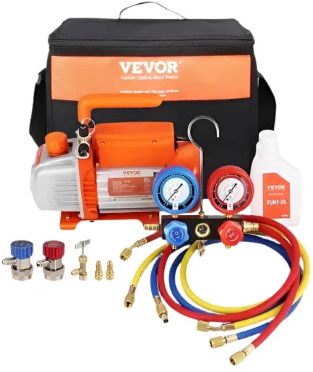 Vacuümpomp - Koelmiddel Vacuümpomp - Koelmiddel Gereedschap - Oranje - 1/4 HP 4 CFM AC Vacuümpomp - enkeltraps - Rotary Vane - HVAC Lucht Vacuümpomp - A / C Koelmiddel Manifold Gauge Set