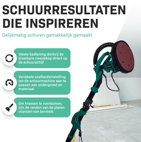 Groene schuurmachine met rode schuurschijf, met tekst "Schuurresultaten die inspireren".