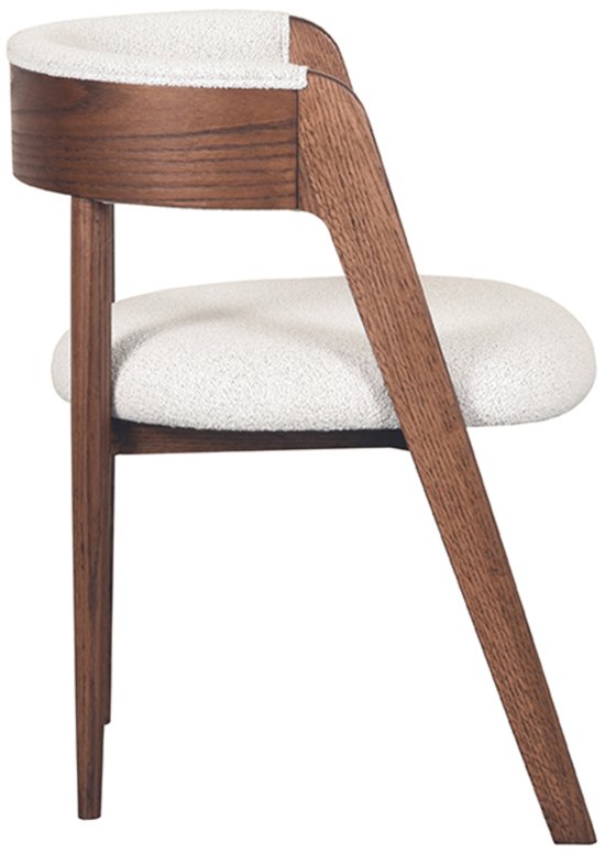 Eetkamerstoel met witte teddy bekleding en een walnoot houten frame, zijzicht.
