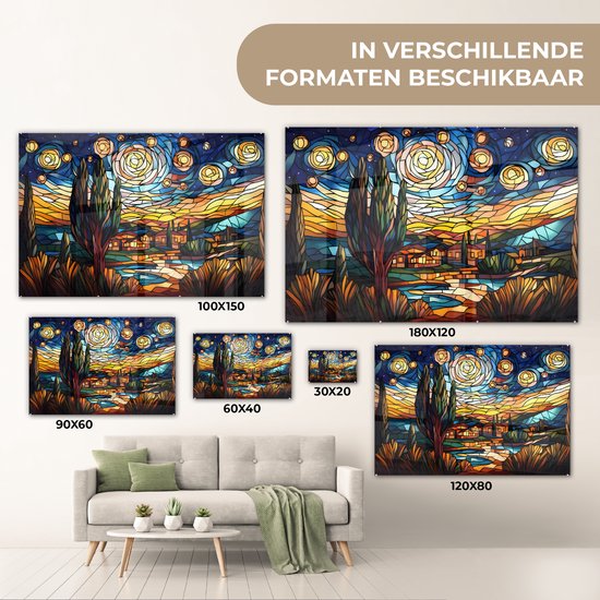 MuchoWow® Tableau sur verre 120x80 cm - Tableau sur verre acrylique - Ciel - Étoiles - Mosaïque - Maisons - Photo sur verre - Décoration murale salon - Décoration murale chambre - Peintures