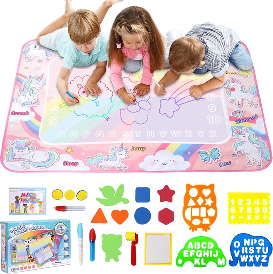 Foto: Water doodle mat 120 x 90 cm grote aqua doodle waterverfmat xxl magic doodle schildermat met waterpen voor 2 7 jaar jongens meisjes kinderen baby peuter eenhoorn 