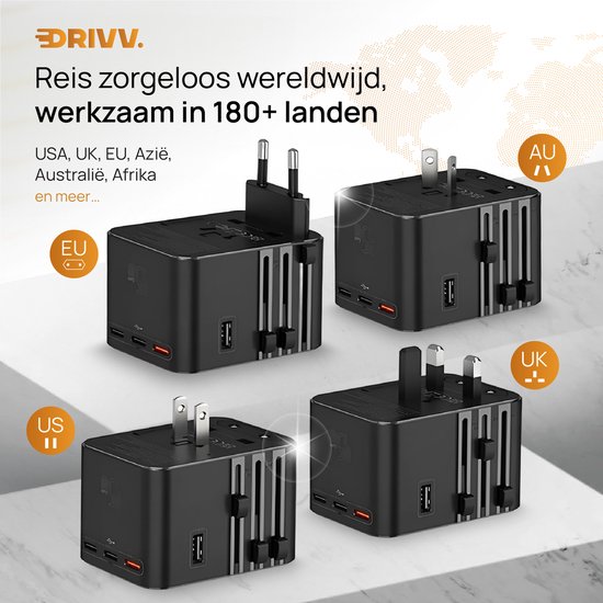 Vier DRIVV. wereldstekkers, elk met een andere stekkerconfiguratie: EU, AU, US, UK. Zwart, compact design met rode accenten.