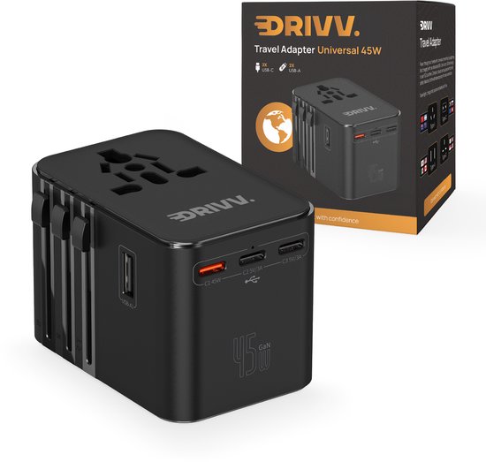 Drivv. Wereldstekker Universeel - 45W Snellader – Reisstekker Amerika / Engeland / Japan / Thailand – 2× USB & 3× USB-C – Type A, B, C, E, F, G, I, J, L, N – 180+ Landen – Reisadapter Zwart