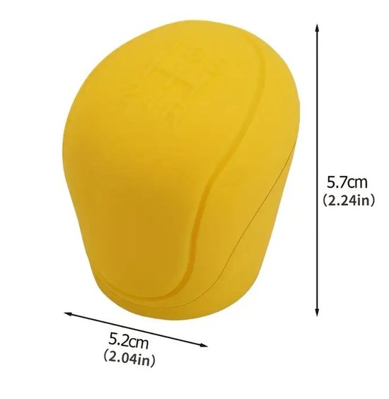 Gele pookknop van siliconen met versnellingsindicator 1-5 en R. Afmetingen 5.2cm x 5.7cm.
