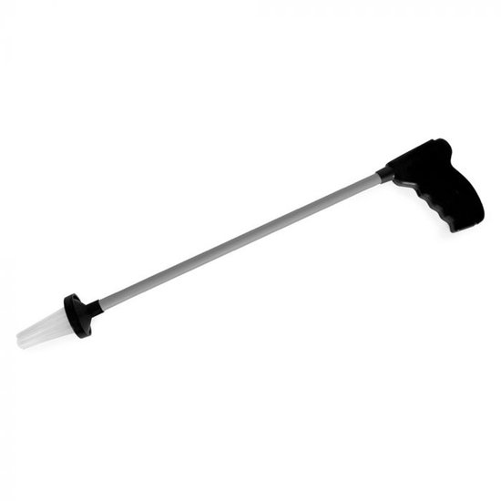 Een grijze steel met zwart handvat en spinnenvanger, op witte achtergrond.