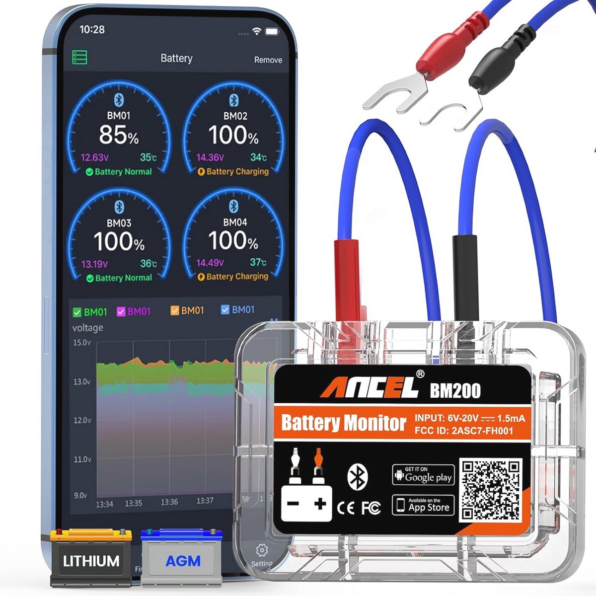 Bluetooth Auto Accu Monitor - Accutester met Laad- en Starttests voor 12V Lithium en Loodzuuraccu's