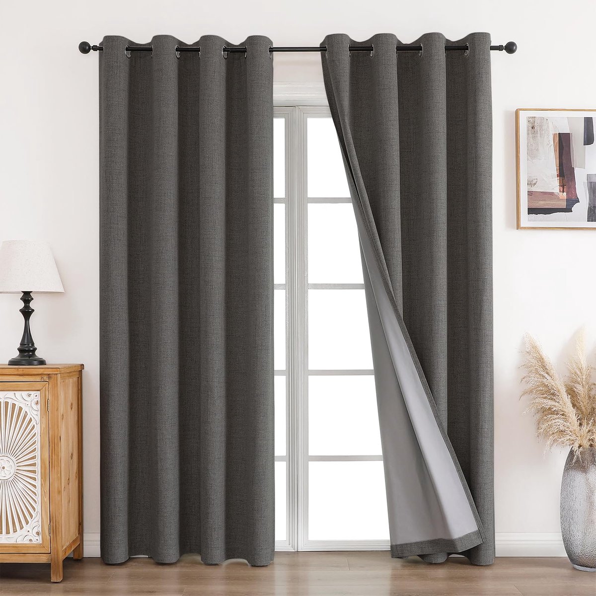 Unyqoos Stijlvolle Verduisteringsgordijnen in Linnenlook met Geluidsisolatie en Warmtebescherming, 245 x 140 cm, Set van 2 grijswit