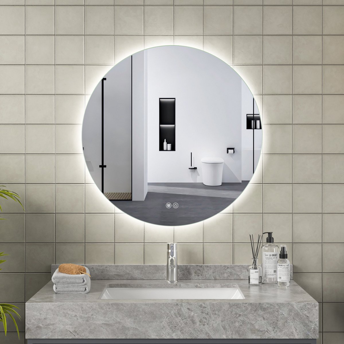 ERFU Ronde badkamerspiegel led Spiegel φ120 cm – Dimbaar, Condensvrij en Met Sfeervolle Backlight