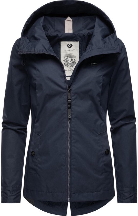 Veste bleu marine à capuche, boutons-pression sur les côtés, avec zip et étiquette de marque.