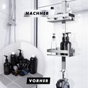 Voor en na de installatie van een zilverkleurig doucherek met dispensers en badaccessoires.
