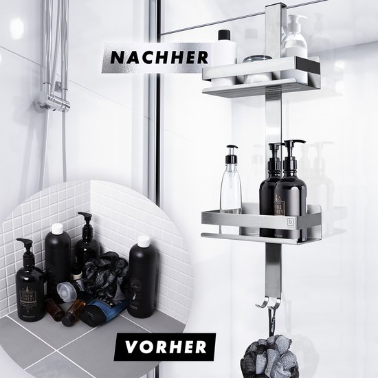 Voor en na de installatie van een zilverkleurig doucherek met dispensers en badaccessoires.