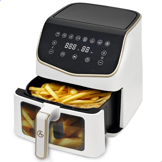 AG Airfryer XXL Premium – Wit- Luchtfriteuse – Anti-aanbak – Tot 8 personen- Vaatwasserbestendig – Met Receptenboek – Extreem Stil- Snelkooktechnologie – Digitaal Display – Tot 200°C – 8 Voorgeprogrammeerde standen. 7.5L