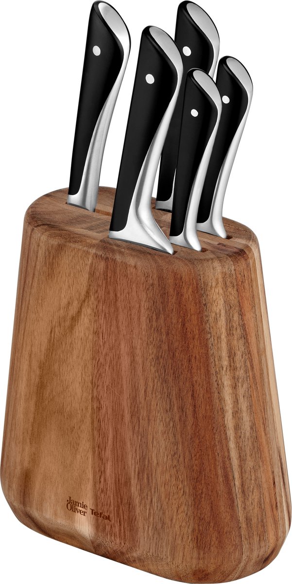 Tefal Jamie Oliver messenset - 5 delig met messenblok van Acaciahout