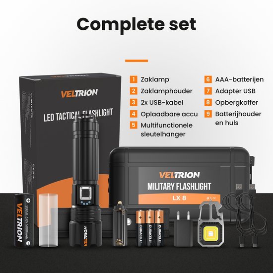 Veltrion Zaklamp LED Oplaadbaar - Gratis Accessoires - Militaire Zaklamp - 6000 Lumen - 26650 Batterij - 5 Standen - Powerbank Functie - Zaklamp op Batterijen - Noodpakket