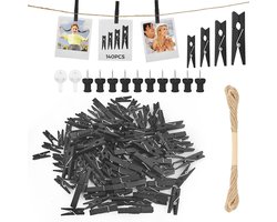 Mini Houten Clips voor Foto's - Set van 140 Stuks met Jute Touw - Perfect voor Bruiloft en DIY Decoratie