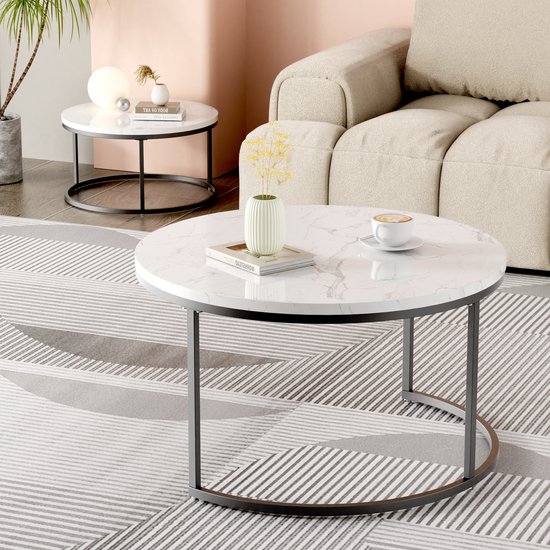 hitsuki marmeren salontafel rond, salontafel wit, set van 2 ronde salontafels, zilveren bijzettafel met metalen frame voor de woonkamer, salontafel