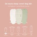 Drie Puckababy slaapzakjes in het wit, groen gestreept en groen. Onder diagrammen van slaapzak maten.