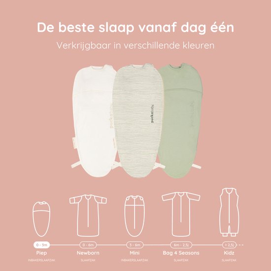 Drie Puckababy slaapzakjes in het wit, groen gestreept en groen. Onder diagrammen van slaapzak maten.